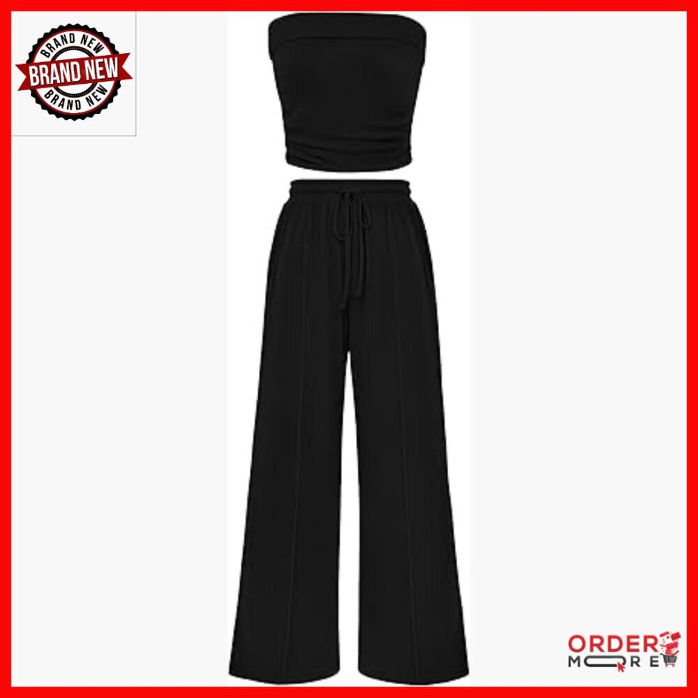 Ribbed Knit Crop Top Wide Leg Pants Lounge Set Polyester Elastane